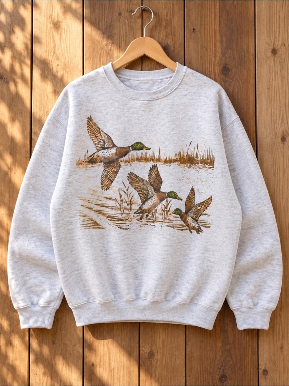 Gildan Light Gray Crewneck Sweatshirt with Flying Duck Illustration